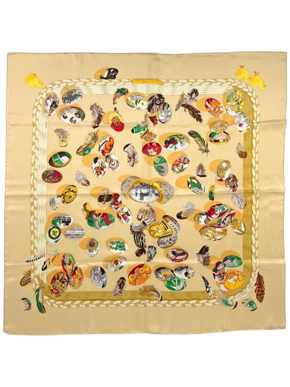Hermes Carre 90 Couvee D Scarf Egg Silk Beige Multicolor